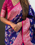 Violet Banarasi Zari Woven Contrast Jaal Silk Saree