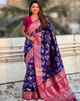Violet Banarasi Zari Woven Contrast Jaal Silk Saree