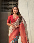 Cream Organza Silk Contrast Red Floral Fusion Printed Saree with Zari Woven Border