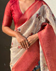 Cream Organza Silk Contrast Red Floral Fusion Printed Saree with Zari Woven Border