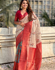 Cream Organza Silk Contrast Red Floral Fusion Printed Saree with Zari Woven Border
