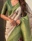 Cream Organza Silk Contrast Green Floral Fusion Printed Saree with Zari Woven Border