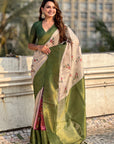 Cream Organza Silk Contrast Green Floral Fusion Printed Saree with Zari Woven Border