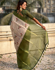 Cream Organza Silk Contrast Green Floral Fusion Printed Saree with Zari Woven Border