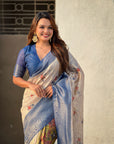 Cream Organza Silk Contrast Blue Floral Fusion Printed Saree with Zari Woven Border