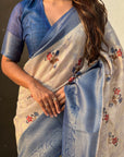 Cream Organza Silk Contrast Blue Floral Fusion Printed Saree with Zari Woven Border