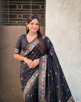Black Soft Silk Meenakari Madhubani Saree