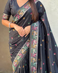 Black Soft Silk Meenakari Madhubani Saree