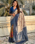 Cream Organza Silk Contrast Blue Floral Fusion Printed Saree with Zari Woven Border