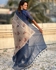 Cream Organza Silk Contrast Blue Floral Fusion Printed Saree with Zari Woven Border