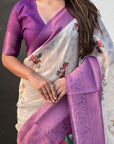 Cream Organza Silk Contrast Purple Floral Fusion Printed Saree with Zari Woven Border
