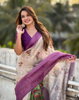 Cream Organza Silk Contrast Purple Floral Fusion Printed Saree with Zari Woven Border
