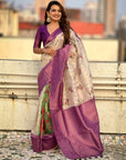 Cream Organza Silk Contrast Purple Floral Fusion Printed Saree with Zari Woven Border