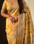 Light Yellow Soft Silk Meenakari Madhubani Saree