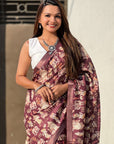 Coffee Tussar Silk Figures Printed Saree with Zari Woven Border
