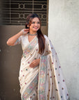 White Soft Silk Meenakari Madhubani Saree