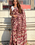 Coffee Tussar Silk Figures Printed Saree with Zari Woven Border