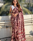 Coffee Tussar Silk Figures Printed Saree with Zari Woven Border