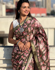 Bottle Green Tussar Silk Figures Printed Saree with Zari Woven Border