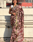 Bottle Green Tussar Silk Figures Printed Saree with Zari Woven Border