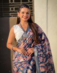 Dark Blue Tussar Silk Figures Printed Saree with Zari Woven Border