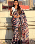 Dark Blue Tussar Silk Figures Printed Saree with Zari Woven Border