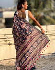 Dark Blue Tussar Silk Figures Printed Saree with Zari Woven Border