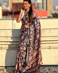 Dark Blue Tussar Silk Figures Printed Saree with Zari Woven Border