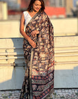 Black Tussar Silk Figures Printed Saree with Zari Woven Border