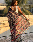 Black Tussar Silk Figures Printed Saree with Zari Woven Border