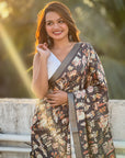 Black Tussar Silk Figures Printed Saree with Zari Woven Border