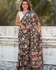 Black Tussar Silk Figures Printed Saree with Zari Woven Border
