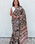 Black Tussar Silk Figures Printed Saree with Zari Woven Border