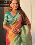 Peach Rich Zari Woven Contrast Tissue Silk Saree