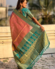 Peach Rich Zari Woven Contrast Tissue Silk Saree