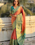 Peach Rich Zari Woven Contrast Tissue Silk Saree