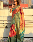 Peach Rich Zari Woven Contrast Tissue Silk Saree