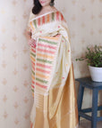 Cream Soft Silk Meenakari Zari Woven Saree with Unique Temple Border
