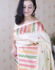 Cream Soft Silk Meenakari Zari Woven Saree with Unique Temple Border