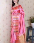 Baby Pink Soft Silk Meenakari Zari Woven Saree with Unique Temple Border