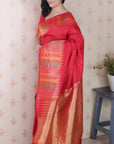 Red Soft Silk Meenakari Zari Woven Saree with Unique Temple Border