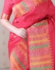 Red Soft Silk Meenakari Zari Woven Saree with Unique Temple Border