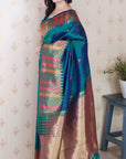 Peacock Blue Soft Silk Meenakari Zari Woven Saree with Unique Temple Border