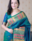 Peacock Blue Soft Silk Meenakari Zari Woven Saree with Unique Temple Border