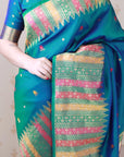 Peacock Blue Soft Silk Meenakari Zari Woven Saree with Unique Temple Border