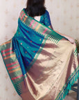 Peacock Blue Soft Silk Meenakari Zari Woven Saree with Unique Temple Border