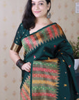 Bottle Green Soft Silk Meenakari Zari Woven Saree with Unique Temple Border