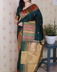 Bottle Green Soft Silk Meenakari Zari Woven Saree with Unique Temple Border