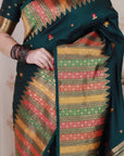 Bottle Green Soft Silk Meenakari Zari Woven Saree with Unique Temple Border