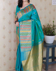 Aqua Blue Soft Silk Meenakari Zari Woven Saree with Unique Temple Border